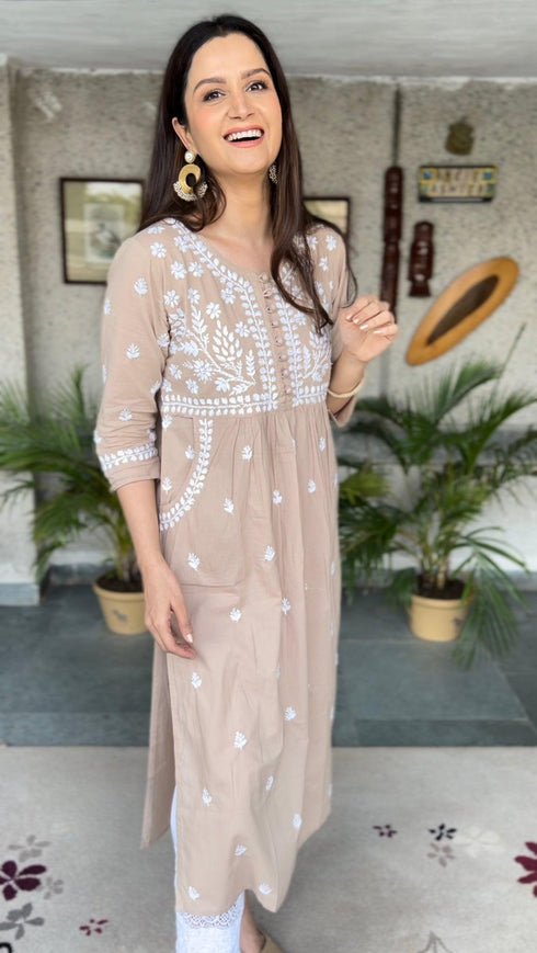 Asmita in HOK Chikankari Kurti for Women - Beige
